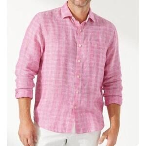 Tommy Bahama Shirt Mens XL Pink Plaid Linen Button Up Long Sleeve Casual Beach